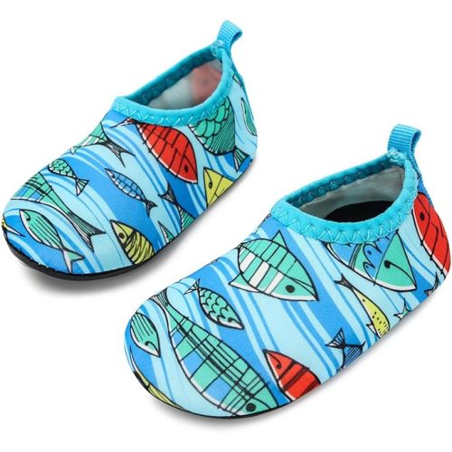 JIASUQI Baby Boys and Girls Barefoot Swim Water Skin Shoes Aqua Socks for Beach Swim Pool - 6-12 Months Infant - Fish/Light Blue