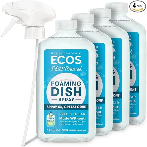 ECOS Foaming Dish Soap, Powerful Spray-On Formula, Saves Water, Wipe & Rinse Dish Cleaner - Hypoallergenic - Free & Clear, 17 Fl Oz (Pack of 4)