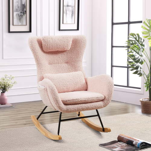 Holaki Rocking Chair Nursery, Modern Rocking Chair with High Backrest, Pink