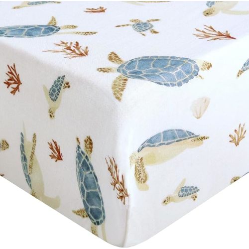 LifeTree Crib Sheets for Baby Unisex - Muslin Fitted Crib Sheets Toddler Bed Sheet, 70% Viscose from Bamboo and 30% Cotton, Fits Standard Crib, Sea Turtle, 28in x 52in