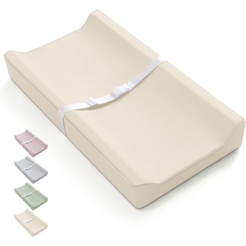 Blissful Diary Vegan Leather Baby Changing Pad with Waterproof & Wipe-Clean PU Cover, Standard Size Cozy Diaper Changing Pad for Dresser and Table, Beige