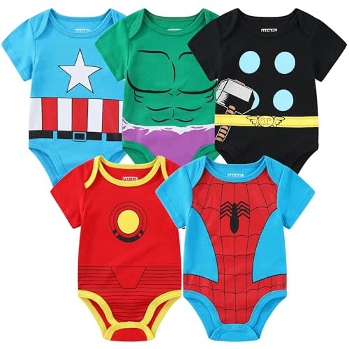 Marvel Avengers Baby Boys 5 Pack Short Sleeve Bodysuit for Newborn and Infants