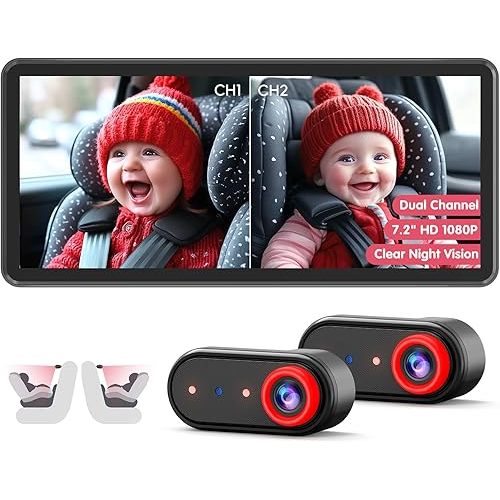 BM5PRO Double Car Camera for 2 Baby,7.2" 1080P Split Screen with IR Night Vision, Real-Time Monitoring Baby Car Camera,Easy Install, Family Travel Companion for Kids & Pets