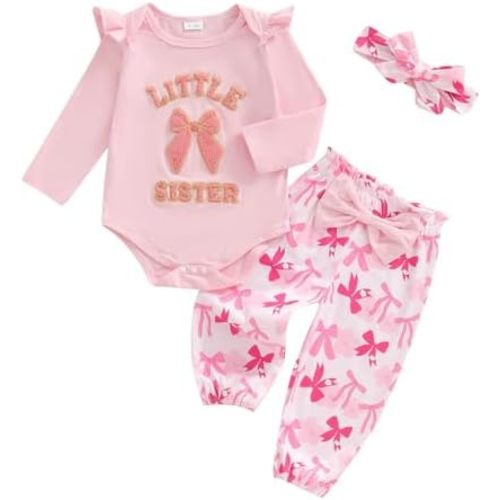 Little Sister Newborn Outfits Bow Letter Embroidered Long Sleeve Romper Pants and Headband Set Fall Clothes