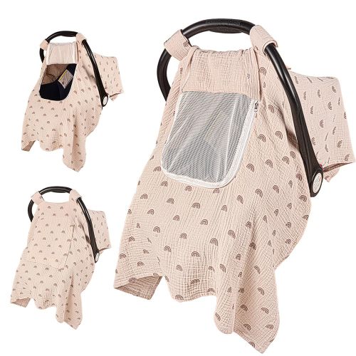 Beavtaens Baby Car Seat Cover, Muslin Infant Car Seat Cover, Carseat Cover with Breathable Mesh Peep Window & Pocket, Kick-Proof Infant Carseat Cover for Boys Girls (Rainbows)