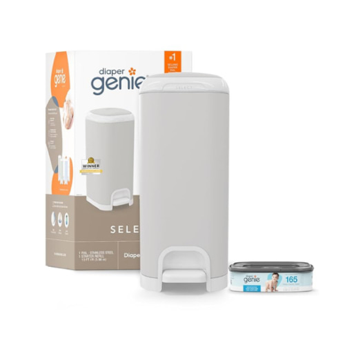 Diaper Genie Select Pail (Grey) is Made of Durable Stainless Steel and Includes 1 Starter Square Refill That can Hold up to 165 Newborn-Sized Diapers.