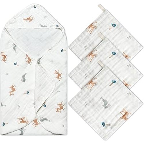 Zainpe 4Pcs Muslin Baby Hooded Towel & Washcloth Set Deer Pattern Soft Absorbent Cotton Bath Hood Towels for Newborn Toddlers Essentials Boys Girls Infant Shower Gift 31.5 x 31.5 in