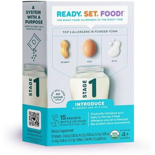 Stage 1 Mix-ins – Safe&Easy Early Allergen Introduction for Babies 4+ Months, Mix with Breastmilk, Formula & Baby Food, With 3 Top Allergens: Organic Peanuts, Milk & Eggs By Ready Set Food! (15 Days)