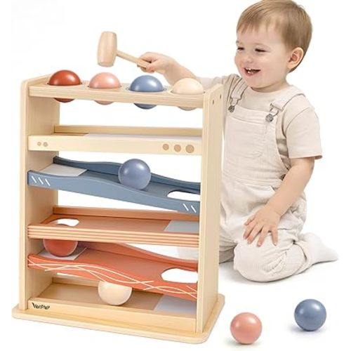 Vanplay Ball Drop Toys for One Year Old Boy Girls Birthday Gifts, Montessori Toys for 1 2 Year Old, Wooden Hammer Rolling Ball Toys for Toddlers 1-3, Cause and Effect Toys for Baby 12M+ First Gifts