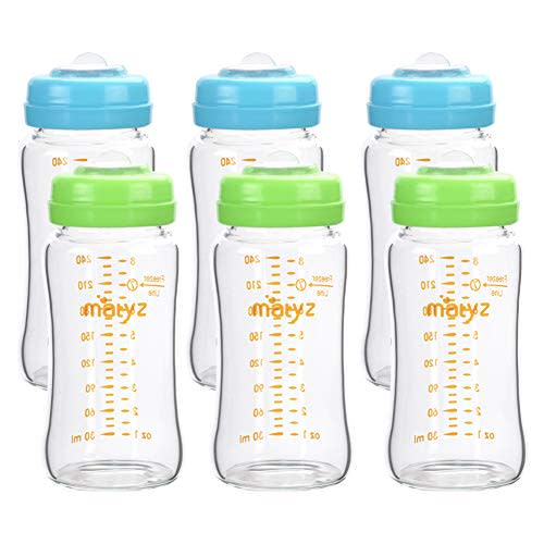 Matyz 6 Pack 8 oz Glass Breastmilk Storage Bottles Green & Blue Lids