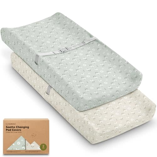 2-Pack Organic Changing Pad Covers for Girl, Boy, Neutral - 100% Cotton Changing Table Pad Cover, Soft Baby Nursery Diaper Changing Pad Sheets, Contour Changing Pads Liners, Change Pad Cover (Daisies)