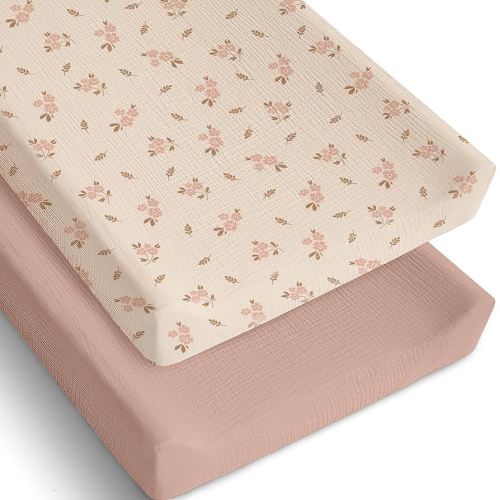 Mi Flor 2 Pack Muslin Changing Pad Cover – Ultra Soft CPC Certified Baby Changing Table Cover with Elastic Corners, 360° Fit, Lightweight, Breathable, Fits Most Changing Pads