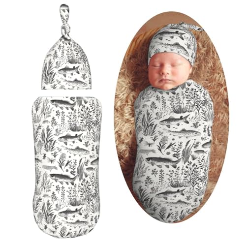 Muishi Retro Fishing Meadow Newborn Swaddle Blanket Hat Sets Soft Baby Receiving Blankets Swaddle Sack for Baby Shower Infant Boy Girl Gift