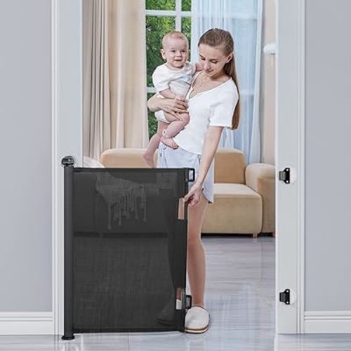 BabyBond Retractable Baby Gates, Punch-Free Install Extra Wide 55' X 33' Tall for Kids or Pets Indoor and Outdoor Dog Gates for Doorways, Stairs, Hallways, Black
