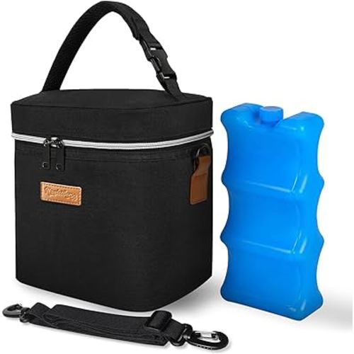 Breastmilk Cooler Bag for Travel with Reusable Ice Pack, 6 Bottle Holder, Insulated Warm and Cold Storage, Adjustable Storage Strap for Daycare, Picnic, Work, Shopping