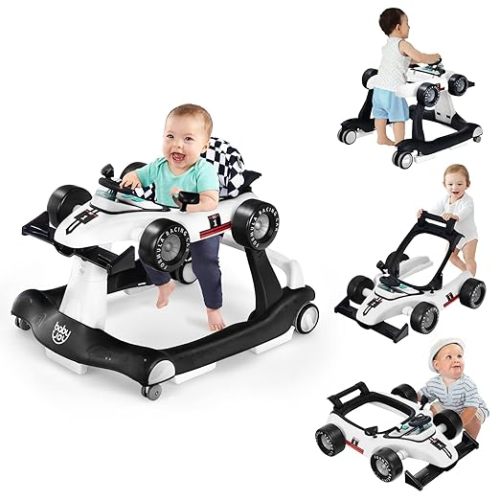 BABY JOY 4-in-1 Baby Walker, Foldable Activity Walker with Adjustable Height & Speed, Music, Lights, Anti-Rollover, Toddler Push Walker, Baby Walker with Wheels for Boys Girls 6-18 Months (White)
