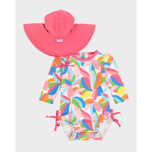 Girl's Tropical One-Piece Rash Guard and Hat Set, Size 0M-3T