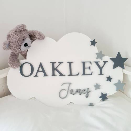 Personalised Cloud and Stars Wooden Nursery Name Sign, New Baby Room Gift, Stars themed Plaque, Cloud Bedroom Decoration, 3D Wall Art