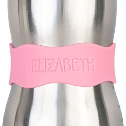 InchBug Orbit Labels - Matching Color Personalization Silicone Baby Bottle & Sippy Cup Bands - Reusable, Dishwasher Safe, Engraved Name Labels for Daycare, 4-Pack (Bubblegum Pink)
