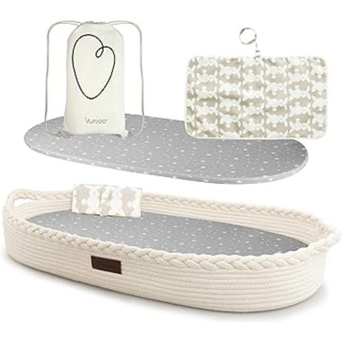 XL Reinforced Baby Changing Basket with Extra Travel Diaper pad, Foldable Baby Changing Pad with Water Repellent Cover, Cotton Rope Baby Basket, Changing Table Topper for Dresser (White)