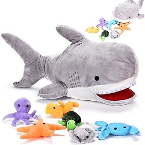 Shark Stuffed Animal - Large Blahaj Shark Plushie with 6 Under The Sea Mini Stuffed Toys - Multicolor Plushies with Storage Space for Other Toys - Megalodon Stuffed Shark - Easy to Clean