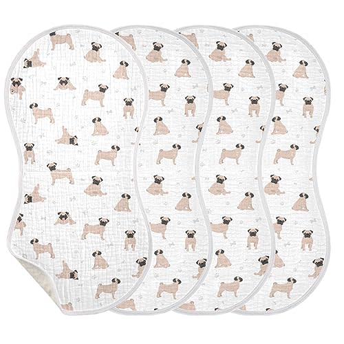 KICPOAY Muslin Baby Burp Cloths, Cute Pug Puppy Dogs Muslin Baby Rags Comfy Soft Absorbent in for Newborn Boys and Girls 4 Piece 22 x 11 Inch