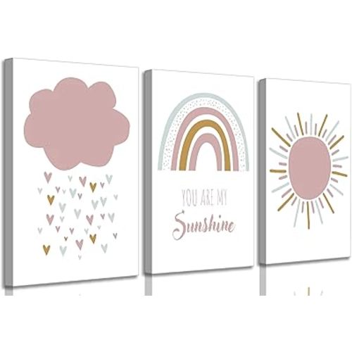 3 Pcs Boho Nursery Canvas Wall Art You Are My Sunshine Pink Sun Rainbow Cloud Painting Pictures Wall Decor Poster Print Artwork for Girls Baby Room Kids Room Home Decoration