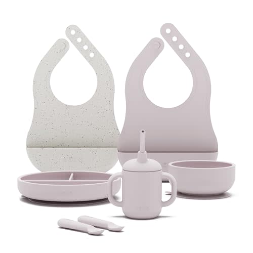 Lalo First Bites Silicone Baby Feeding Set - Baby Led Weaning Supplies - Non-Toxic Silicone - Includes 2 Bibs, 2 Spoons, Training Cup, Suction Plate and Bowl - 6 Pieces - Lavender