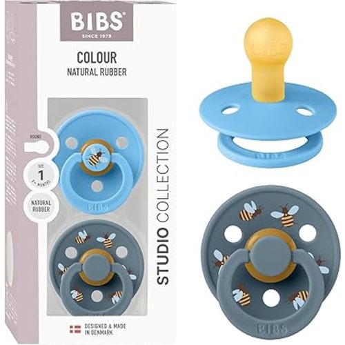 Size 1 0+ months / BIBS Studio Soother 2-Pack, BPA Free Dummy Pacifier, Round Nipple. Natural Rubber Latex, Made in Denmark, Size 1 (0-6 Months), Breeze/Petrol