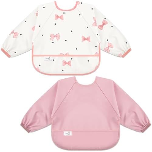 Long Sleeve Baby Bib, Waterproof Fabric, Catch-All Pocket, Baby Smock Bib, Adjustable Sleeves