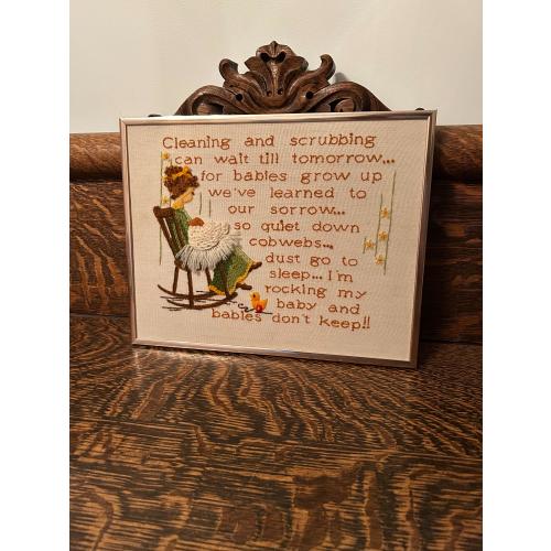 Vintage Embroidery Artwork “Rocking My Baby And Babies Don’t Keep” Nursery Decor Wall Art Handmade