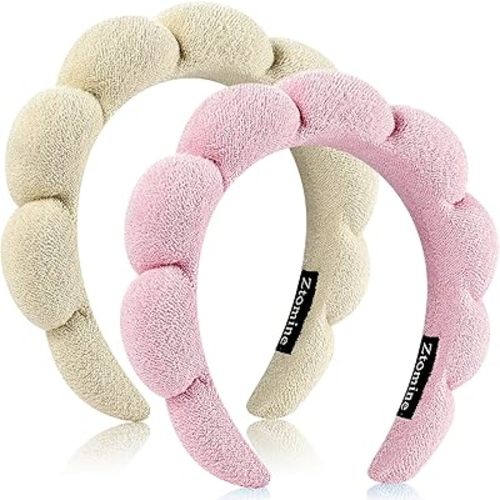Ztomine Headband, Set of 2 - Terry Cloth Spa Headbands for Washing Face or Facial, Puffy Makeup Headbands for Face Washing, Mask - 1 Beige + 1 Pink