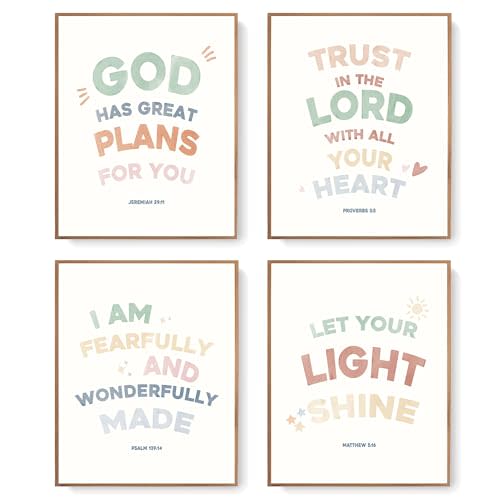 LARTSFRO Bible Christian Boho Wall Art Prints, Inspirational Bible Verses Decor for Nursery Baby Kids Bedroom, Christian Wall Art, Classroom Decor, Gifts for Kids 10x8 Inch Set of 4 Unframed