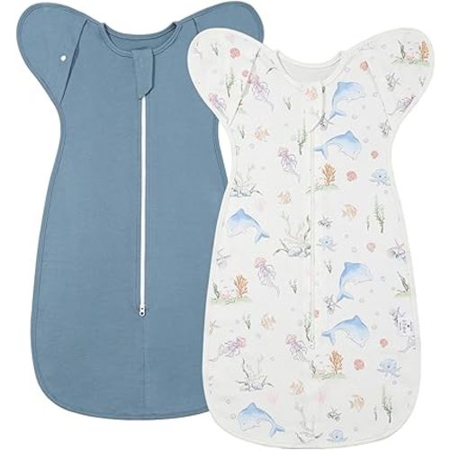 2-Pack Baby Transitional Swaddle Sleep Sack - Arms Up Swaddle 3-6 Months for Baby Boys, Newborn Sleep Sack with Cuff Removable & 2-Way Zipper Design, Blue Dolphin