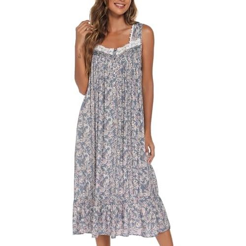 AVIIER Cotton Nightgowns for Women Sleeveless House Dress Ladies Long Nightdress with Pockets S-XXL
