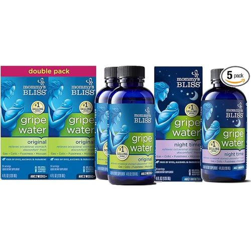 Mommy's Bliss Gripe Water Original 4 Fl Oz (Pack of 2) with Gripe Water Night Time 4 Fl Oz (Pack of 3) - 3 Piece Set - Gripe Water Original with Baby Probiotic Drops + Vitamin D