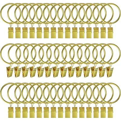 44pcs Curtain Rings with Clips Hooks, 1 inch Metal Stainless Steel Drapery Rings Hanger Clips for Tension Rod Bracket Eyelets Decorative Hangers, Gold (1" Interior Diameter)