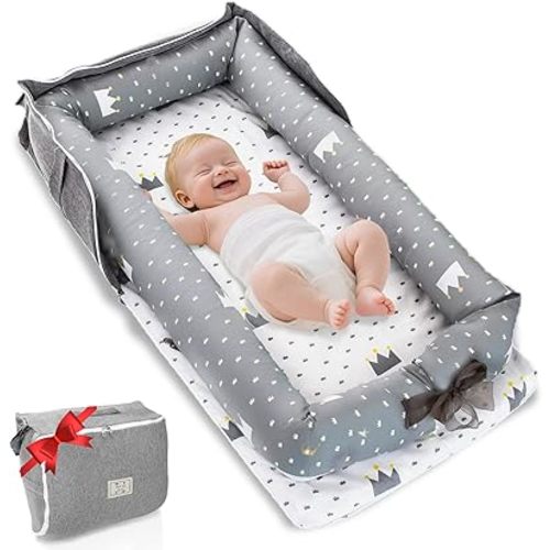 Baby Lounger for Newborn to Toddler 0-24 Months - Portable Infant Lounger Bed with Breathable Cotton, Adjustable Size & Lengthen Space Travel Strap for Home, Outdoor (1. Crown)