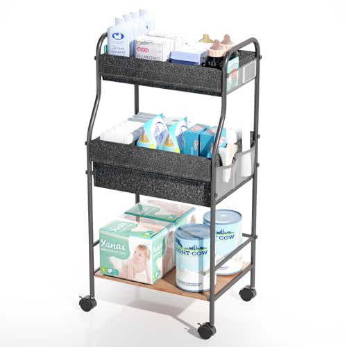 Cathyeen 3-Tier Rolling Baby Diaper Caddy Cart with 3+2 Dividers & Locking Wheels, 31" H Large Capacity Metal Frame Baby Storage Organizer Nursing Cart for Diapers, Wipes, Clothes, Toys