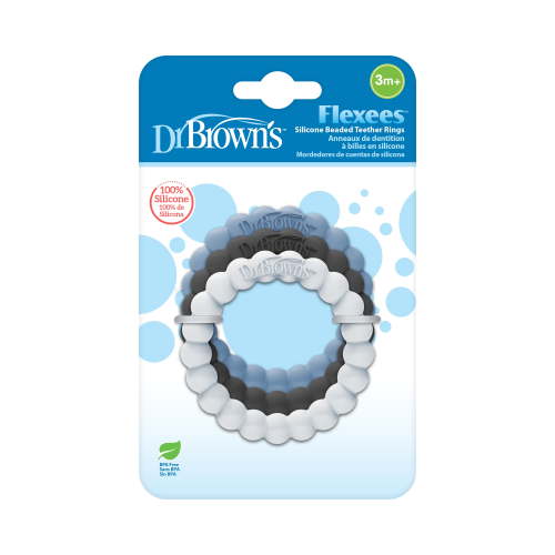 Dr. Brown's Flexees Beaded Teether Rings, 100% Silicone, Soft & Easy to Hold, Encourages Self-Soothing, Black/Blue/Light Blue, BPA Free, 3m+ 3-Pack