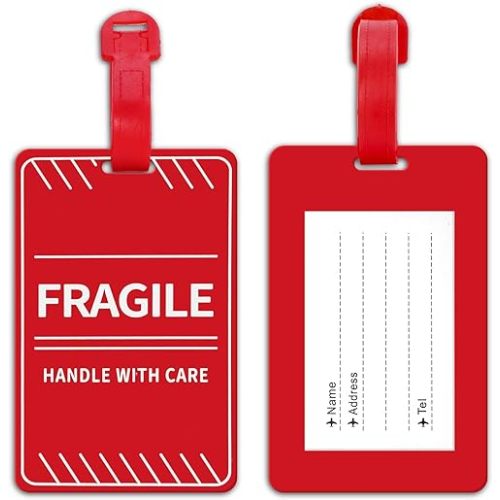 2 Pack Fragile Luggage Tag with Name ID Card, Handle with Care Travel Tag for Luggage Suitcase or Bags, Easy to Spot