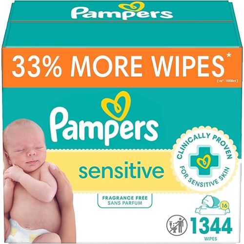 Pampers Sensitive Baby Wipes, Water Based, Hypoallergenic and Unscented, 16 Flip-Top Packs (1344 Wipes Total)