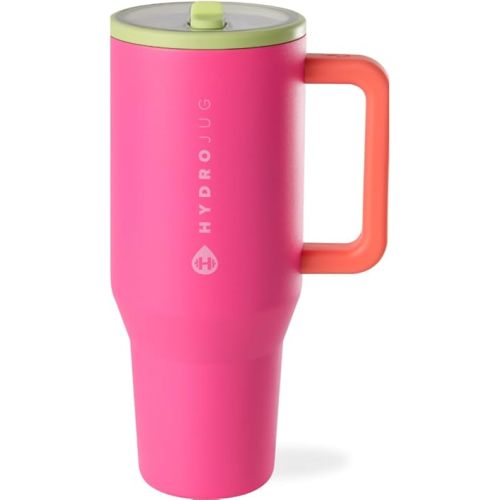 HydroJug Traveler - 40 oz Water Bottle with Handle & Flip Straw - Fits in Cup Holder, Leak Resistant Tumbler-Reusable Insulated Stainless Steel & Rubber Base - Gifts for Women & Men, Orchid