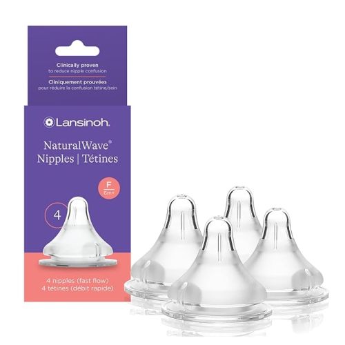 Lansinoh NaturalWave Baby Bottle Nipples – 100% Soft, Durable Silicone, Made Without BPA BPS, Anti-Colic, Supports Baby’s Developing Mouth and Teeth, 4 Count (F (Pack of 4), Fast Flow)