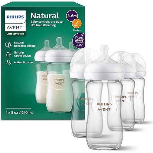 Philips Avent Natural Glass Baby Bottles with Natural Response Nipples (Medium Flow, Flow 3), 8oz, 4-Pack, SCY913/04
