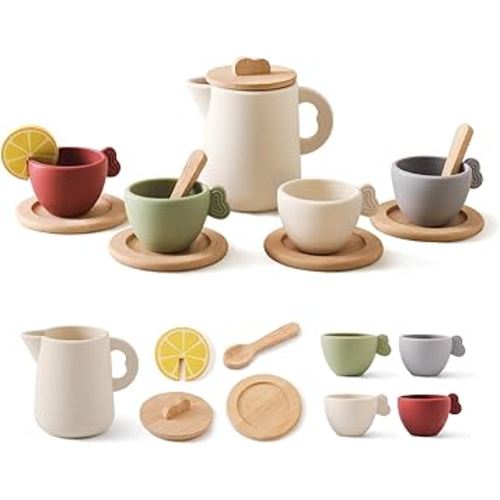Wooden Tea Set for Little Girls, Enchanting Tea Party Set Silicone Tea Set Teapot Cups Carrying Scoop Kids Kitchen Accessories Toys Toddler Tea Set Girls Gift