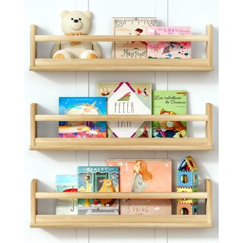 Harwaya Natural Wood Wall Bookshelf for Kids Bedroom Set of 3, 24 Inch Wooden Floating Nursery Book Shelves for Baby Boys Girls Room, Mounted Toddler Book Shelf for Toy Organizers and Storage