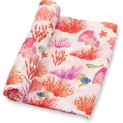 LollyBanks Baby Blanket, 100% Cotton Muslin Swaddle Blanket, Soft Baby Girl Blanket 47 x 47 Inches, Nursery Swaddling Blankets for Girls, Baby Essentials, Registry (Coral Print)