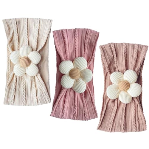 Nirvany 3 Pcs Baby Flower Headband, Nylon Baby Girl Headbands Soft Hairbands Baby Girl Accessories for Newborn Infant Toddler(Beige Pink Khaki)