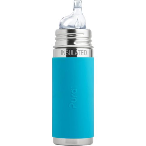Pura Kiki 9oz/260ml Stainless Steel Insulated Sippy Bottle w/Sleeve, Plastic-Free, MadeSafe Certified, Medical-Grade Silicone Sipper Spout Fast Flow Rate for Kids, Toddlers, Babies & Infant – Aqua